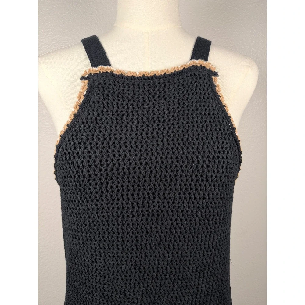 Soft Joie Black Crochet Mini Dress Tan Scalloped Trim Halter Neck NWT